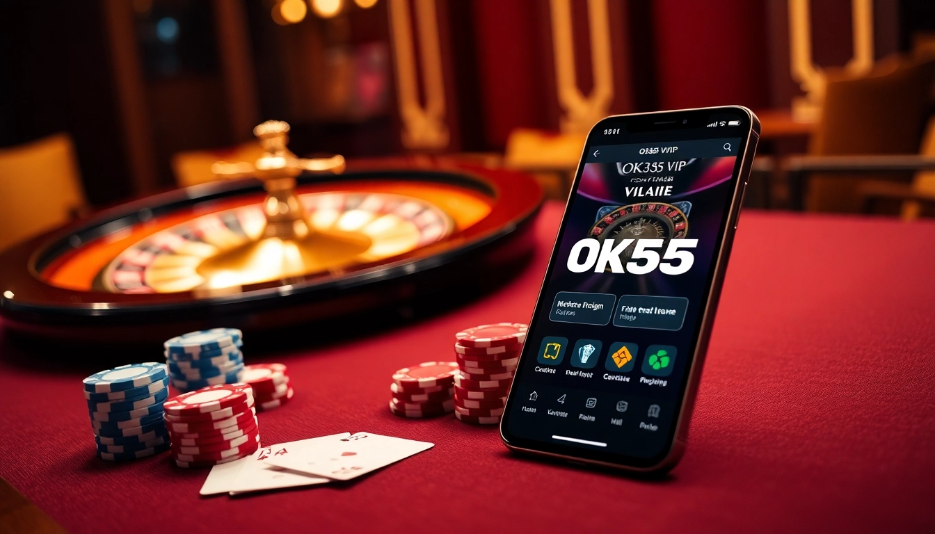 Engaging scene showcasing OK365 VIP online gaming with luxury casino elements and mobile interface.