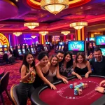 Players enjoying an exciting game at LV88 casino, featuring vibrant slot machines and luxurious decor.