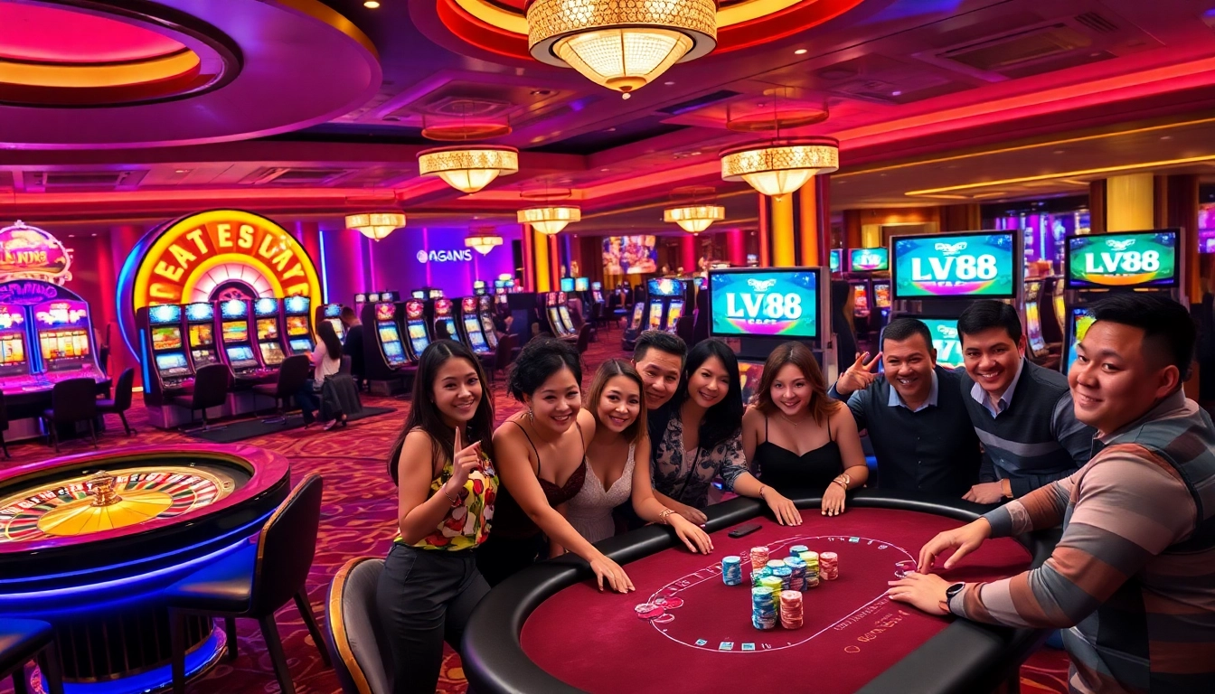 Players enjoying an exciting game at LV88 casino, featuring vibrant slot machines and luxurious decor.
