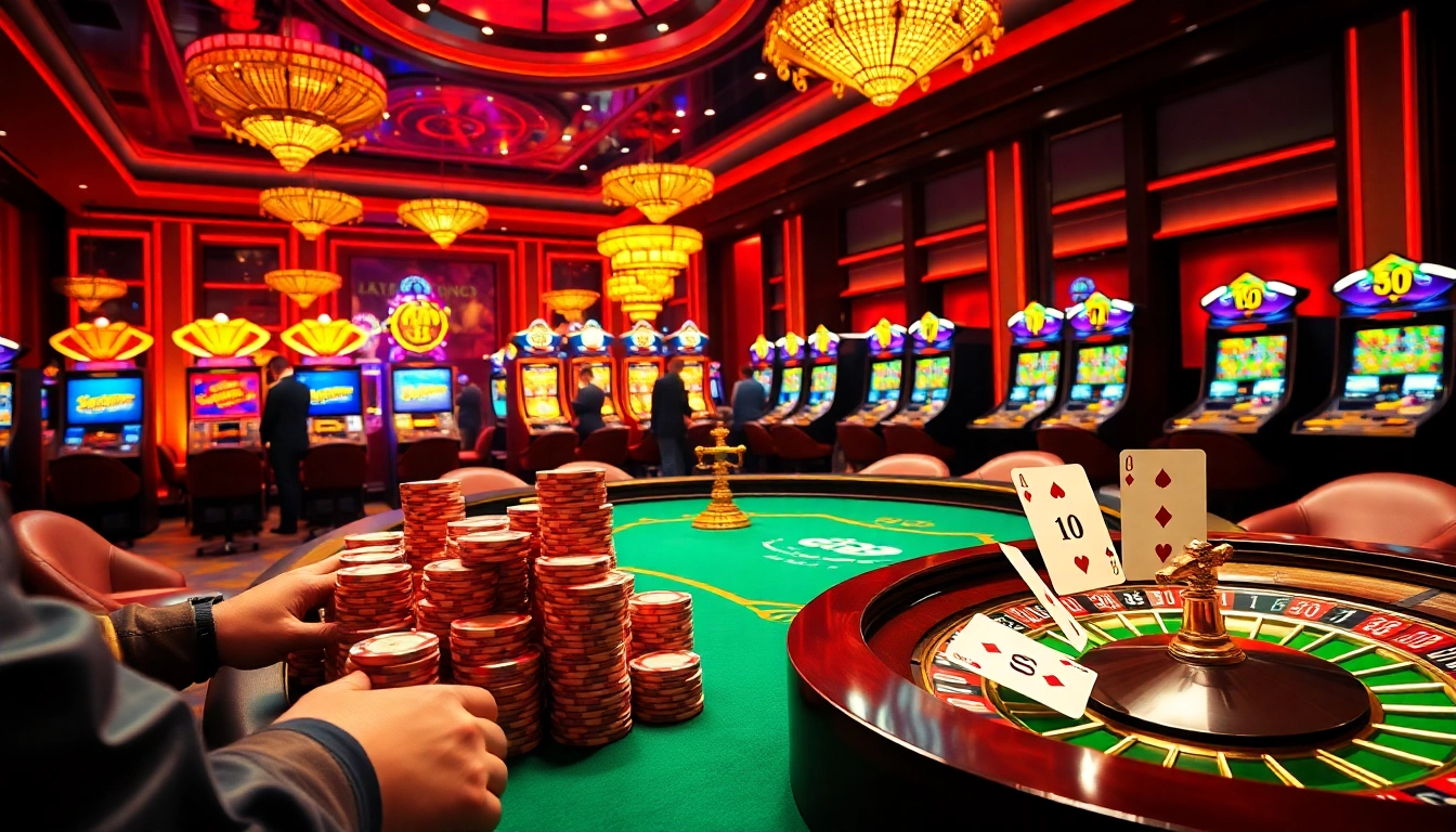 Engage in thrilling gambling action at UU88 with vibrant casino tables, colorful chips, and a lively atmosphere.