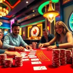 Players enjoying a thrilling blackjack game at Bet888 casino, with vibrant atmosphere and stacked chips.