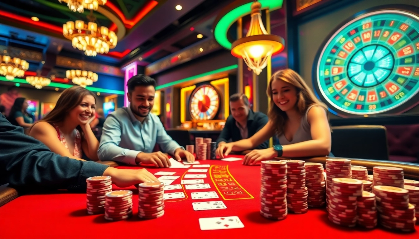 Players enjoying a thrilling blackjack game at Bet888 casino, with vibrant atmosphere and stacked chips.