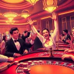 #luckywin players celebrating a win at a luxurious casino table with vibrant colors and festive atmosphere.