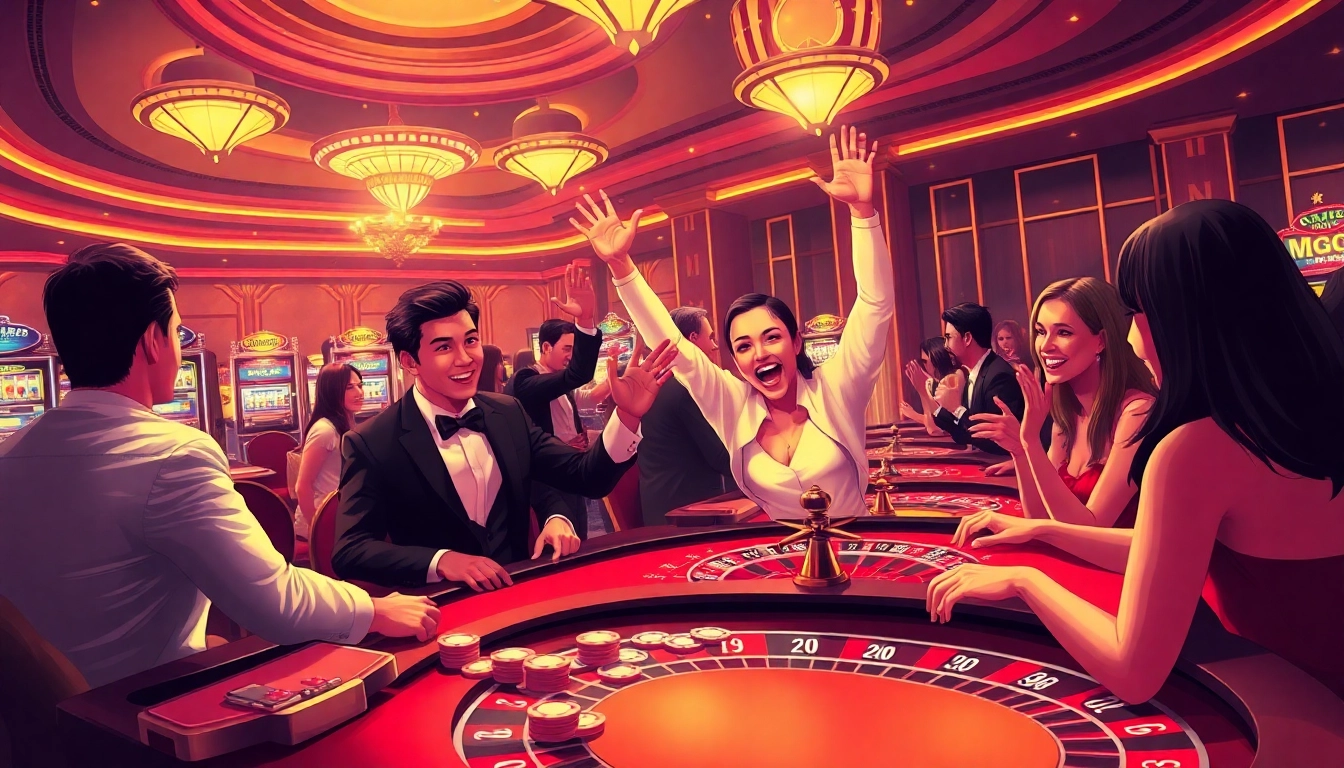 #luckywin players celebrating a win at a luxurious casino table with vibrant colors and festive atmosphere.
