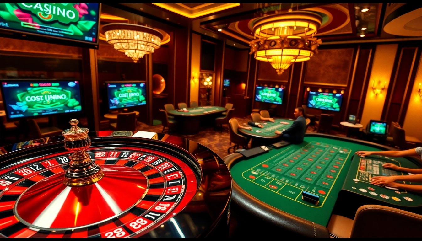 Experience the excitement of gambling at https://fly88fly.com/ with a vibrant casino scene showcasing roulette and poker action.