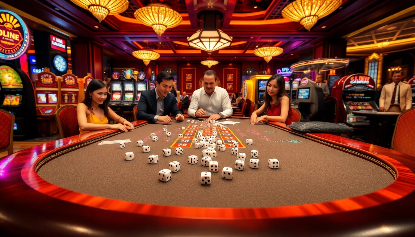 Experience the excitement of TÀI XỈU MD5 at a luxurious casino featuring dice, chips, and engaged players.