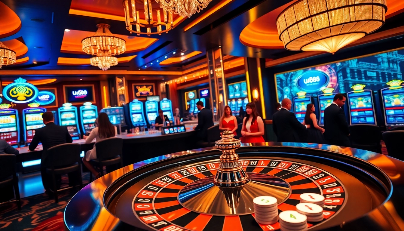 Experience thrilling gameplay at uu88 with poker chips and roulette in a vibrant casino.