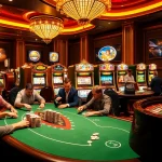 Haywin casino lively poker table filled with engaged players and illuminated slot machines.
