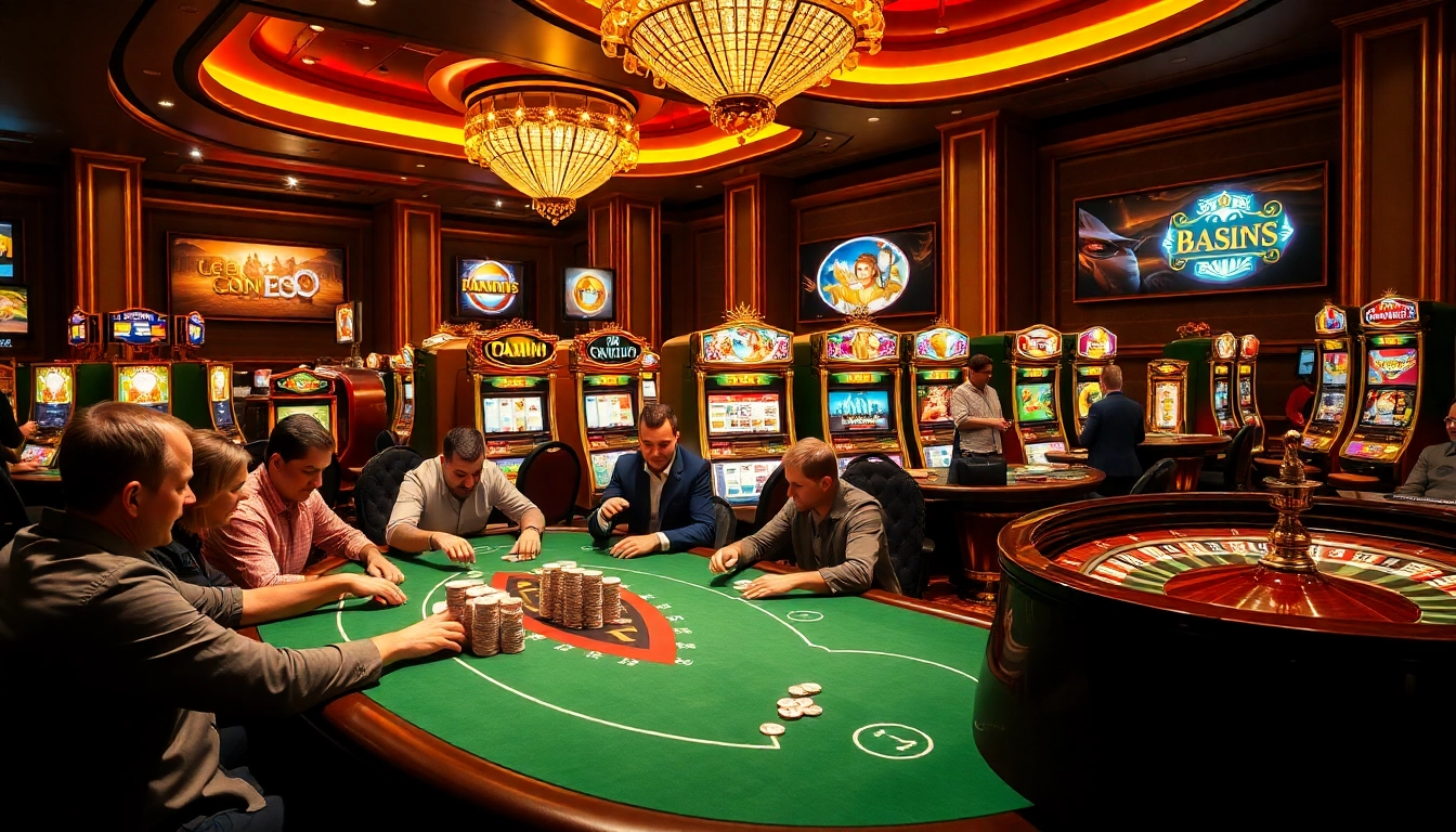 Haywin casino lively poker table filled with engaged players and illuminated slot machines.