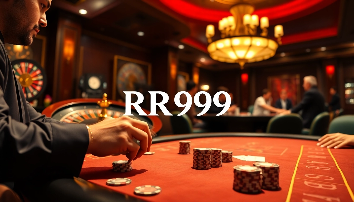 Engaging gamblers at a luxurious casino table featuring RR99 poker chips and cards.