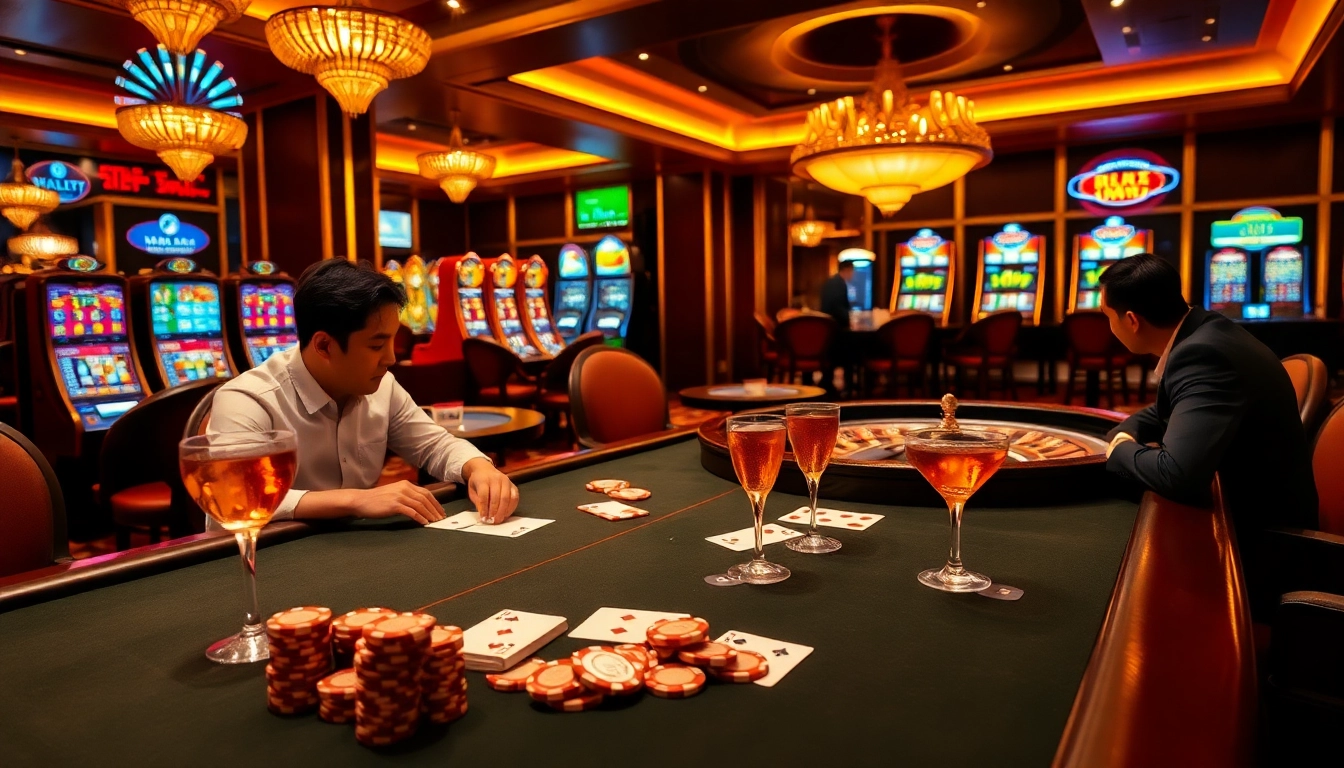 Players betting at a luxurious poker table in Nhà cái OK365 casino.