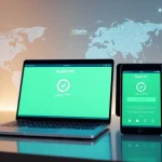 QuickQ VPN 应用程序展示在现代工作空间中实现跨设备的快速且安全连接。