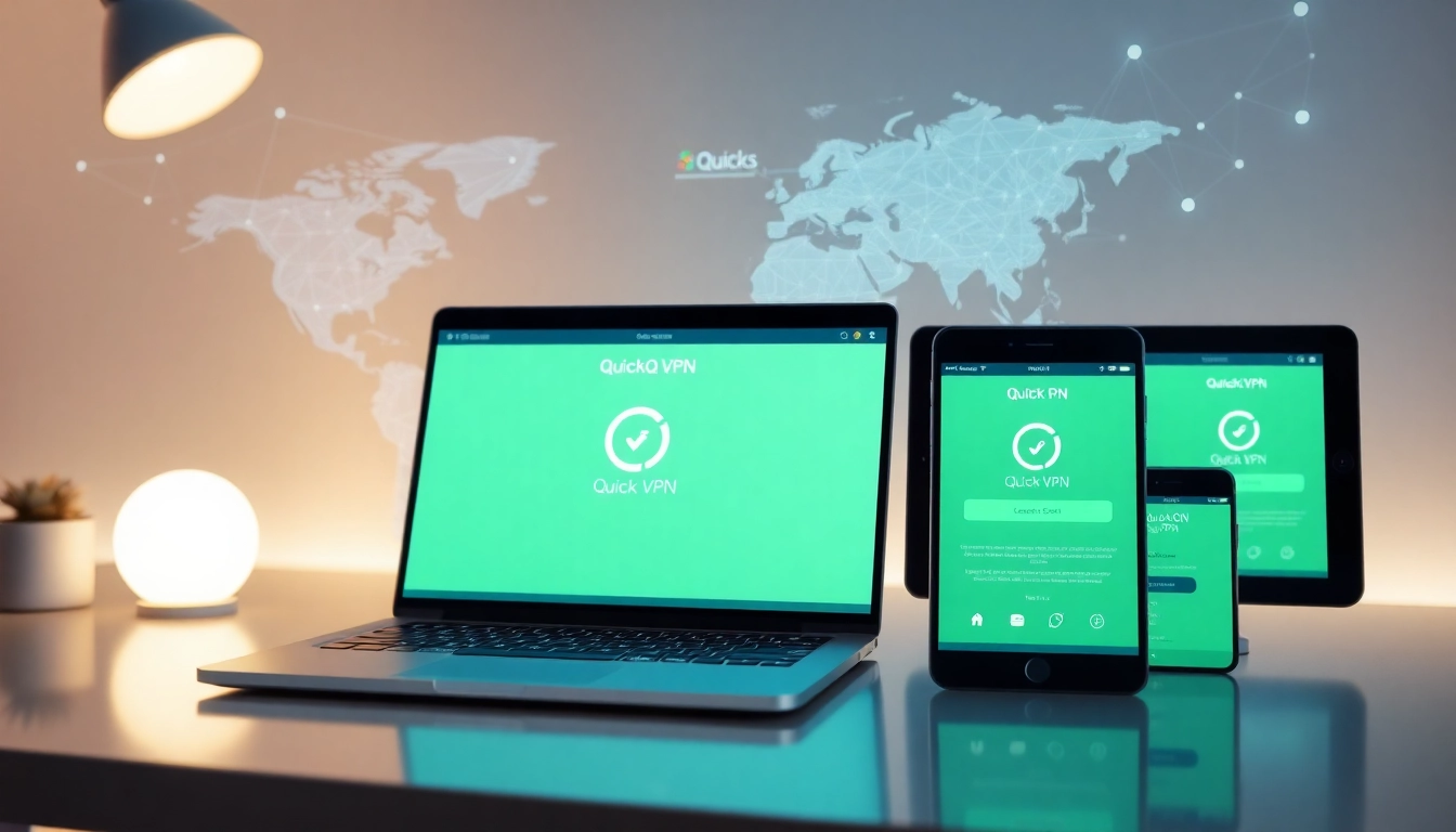 QuickQ VPN 应用程序展示在现代工作空间中实现跨设备的快速且安全连接。