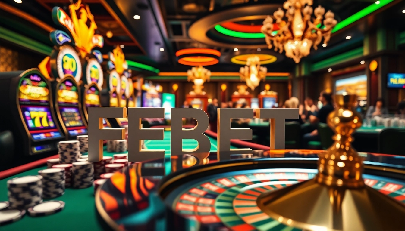 Join FEBET gamers in an exciting casino atmosphere with vibrant slot machines and poker chips.