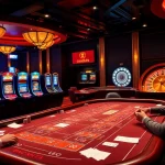Exciting Baccarat players at Luck8 casino with dynamic slot machines and colorful poker chips.