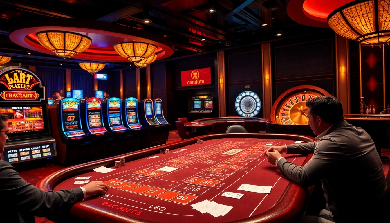 Exciting Baccarat players at Luck8 casino with dynamic slot machines and colorful poker chips.