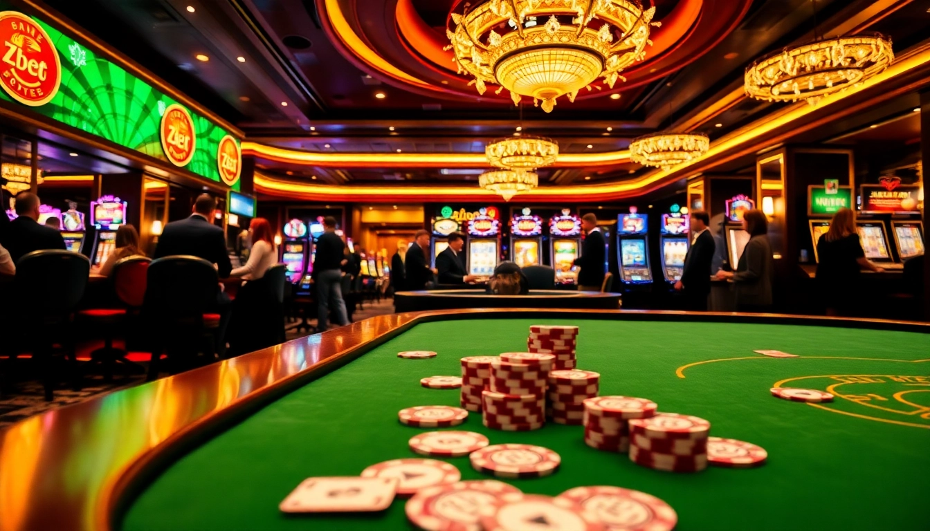 Zbet players enjoying thrilling poker games and vibrant slot machines in an elegant casino setting.