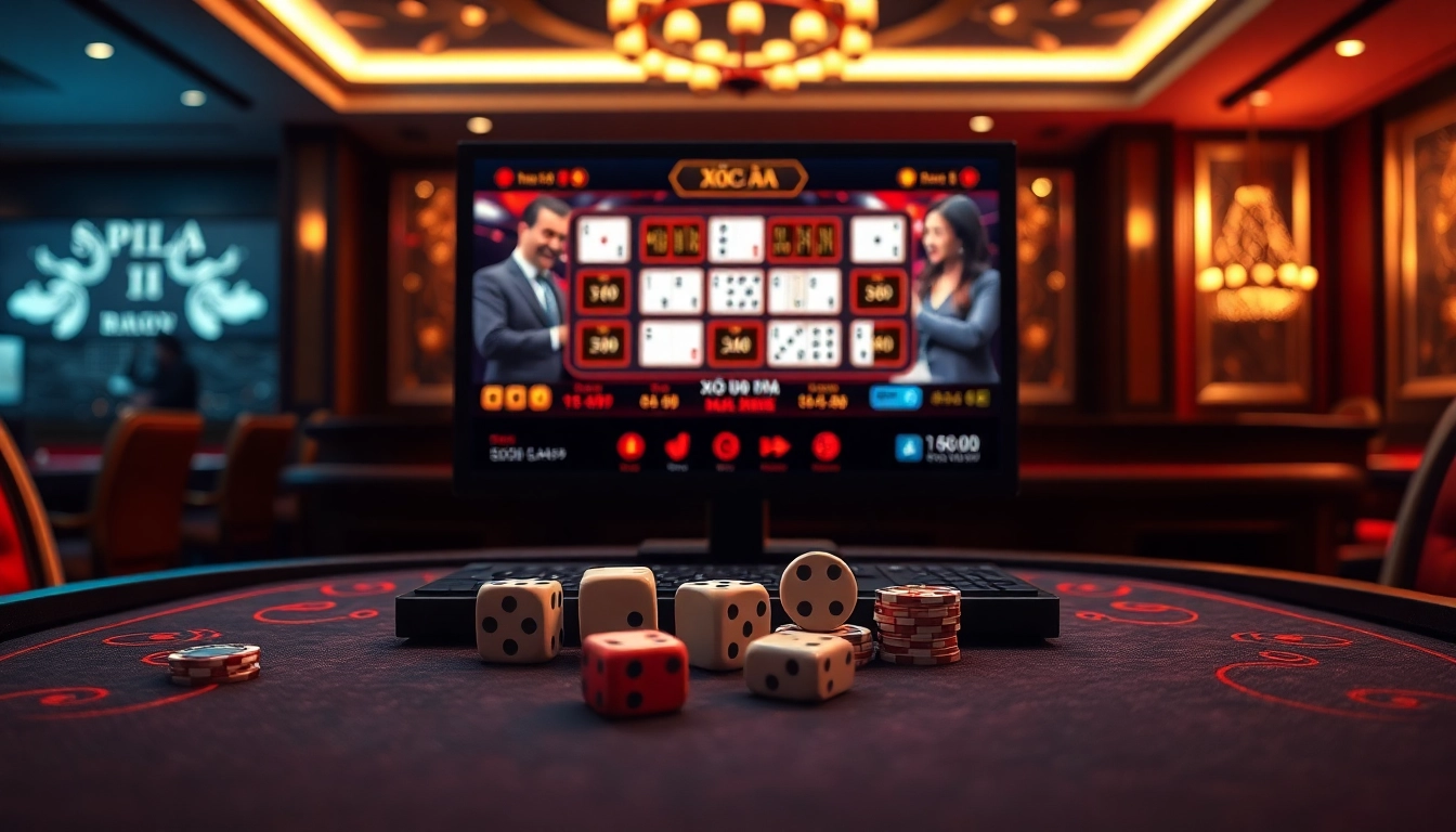 Xóc đĩa online game table with vibrant chips and dice, showcasing luxury gambling experience.