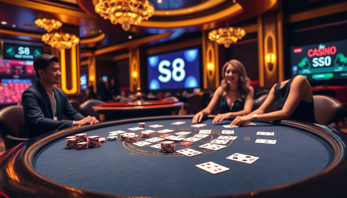 Engaging S8 casino scene with players at a game table, highlighting luxury and excitement in gambling.