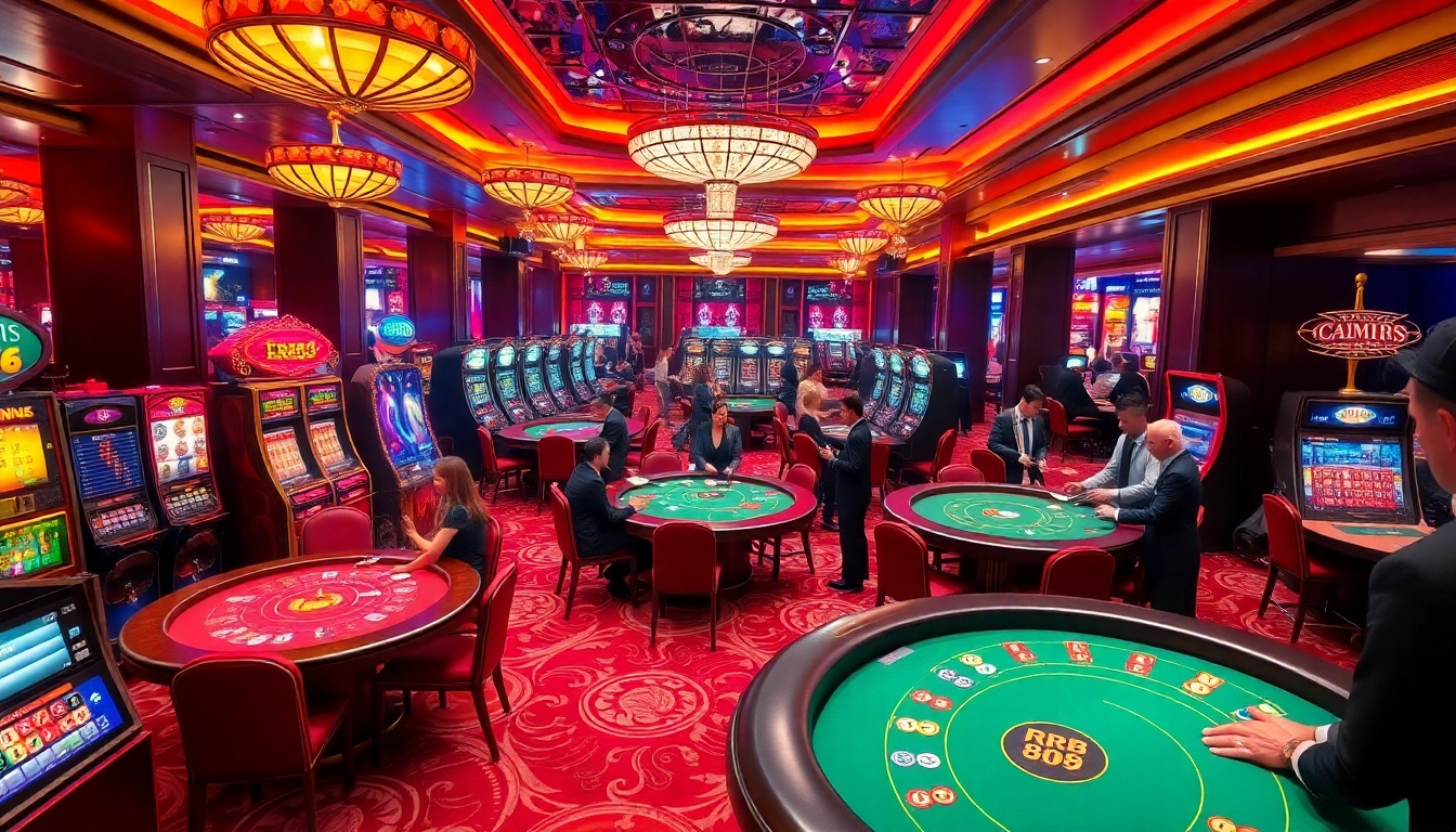 Players engaged in thrilling games at RR88 casino, showcasing luxurious gambling experience.