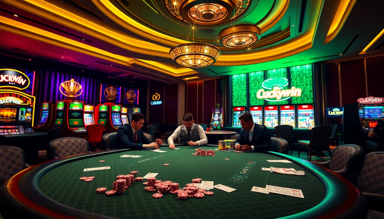 Players enjoying high-stakes poker at Luckywin casino, surrounded by exciting slot machines and vibrant atmosphere.