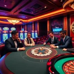 33win players enjoying an exciting poker game at a luxurious casino table amid vibrant slot machines.