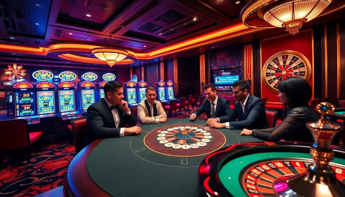 33win players enjoying an exciting poker game at a luxurious casino table amid vibrant slot machines.