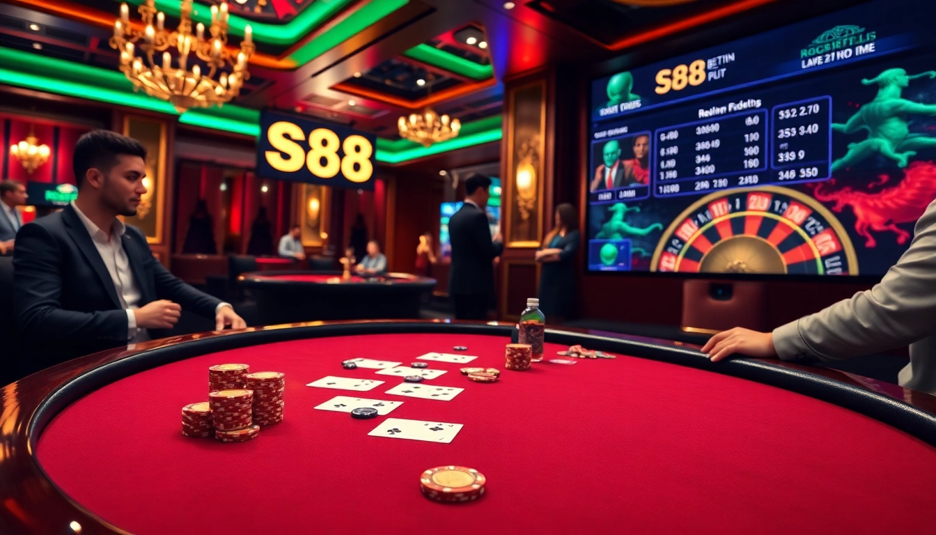S88 casino players excitedly engaging at a luxurious poker table with vibrant chips and cards.