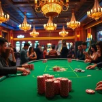 Engaging players at a luxurious KK55 casino table with vibrant poker chips and warm lighting.