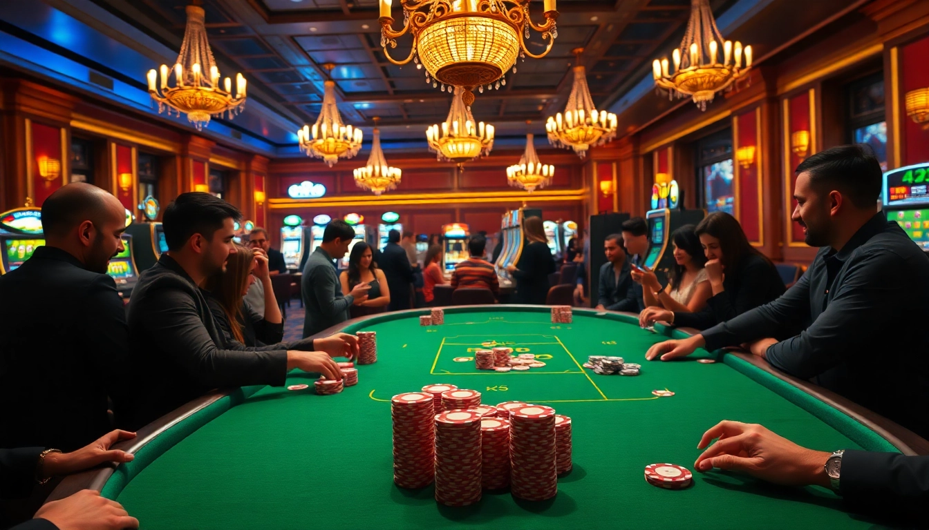 Engaging players at a luxurious KK55 casino table with vibrant poker chips and warm lighting.