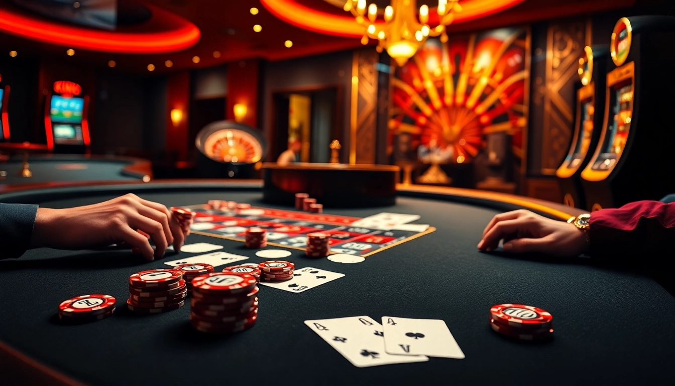 KJC players strategizing over luxurious poker chips at an upscale casino table.