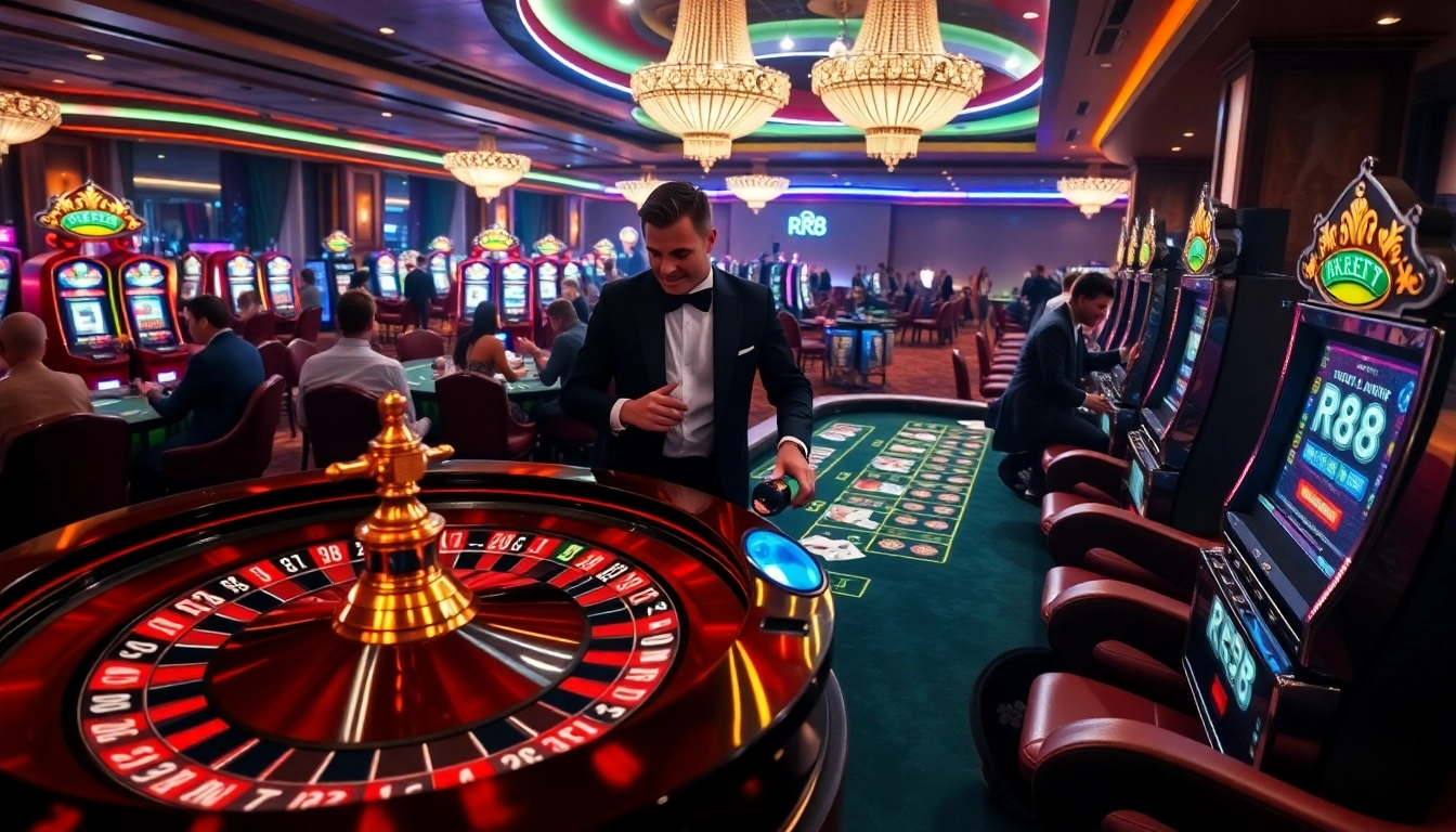 Experience the thrill of RR88 with vibrant casino action, featuring a roulette wheel and excited players.