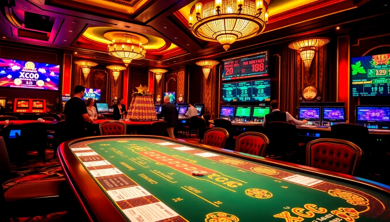 Xóc Đĩa table in a luxurious casino, showcasing vibrant betting action and excitement.