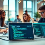 Showcasing web development services with a collaborative team in a bright office environment.