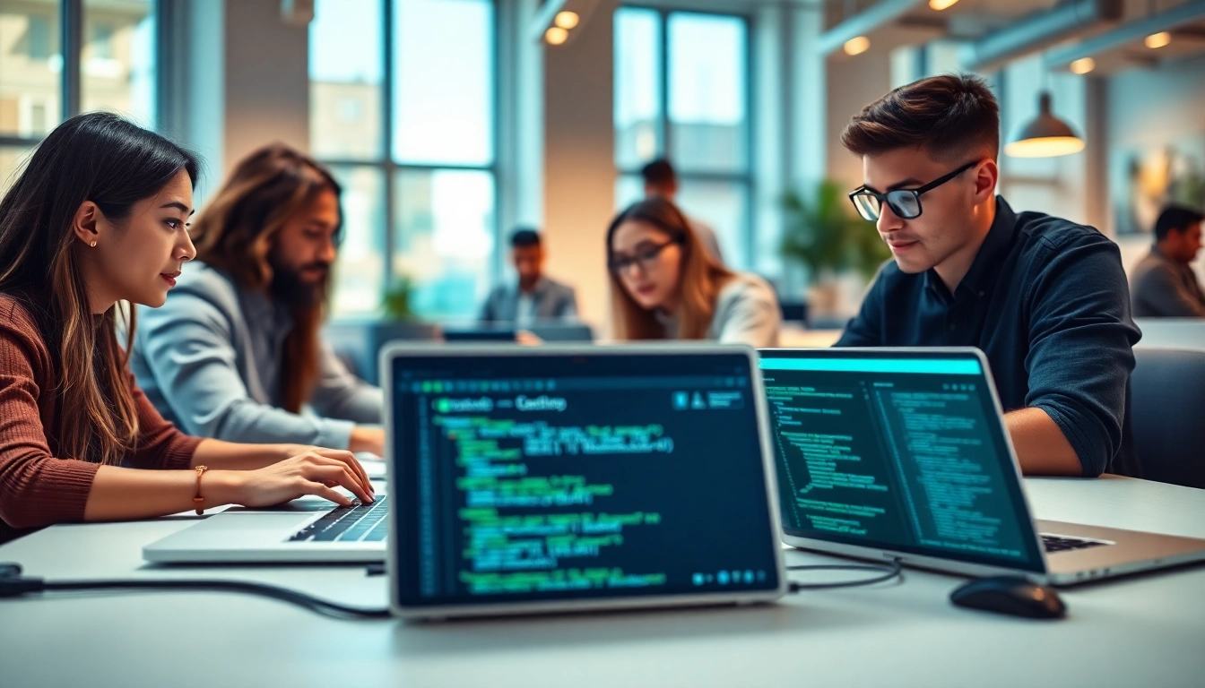 Showcasing web development services with a collaborative team in a bright office environment.