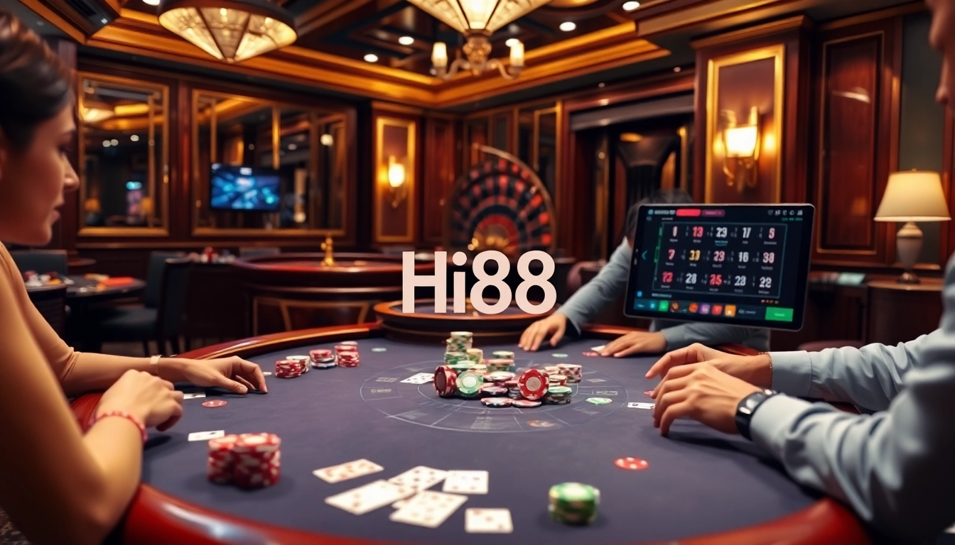 Players engage in thrilling poker action at a Hi88 casino table filled with excitement.