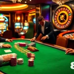 Players engaging in an intense poker game at 8kbet's luxurious casino table.