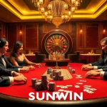 Players strategizing at a SUNWIN poker table surrounded by vibrant cards and chips.