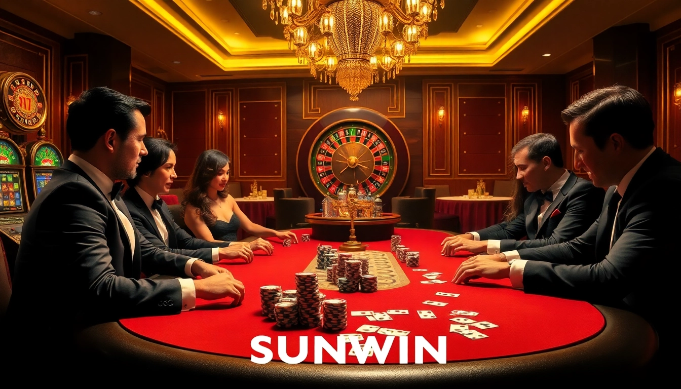 Players strategizing at a SUNWIN poker table surrounded by vibrant cards and chips.