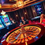 Intense poker action with players at 89bet casino table amid elegant decor.