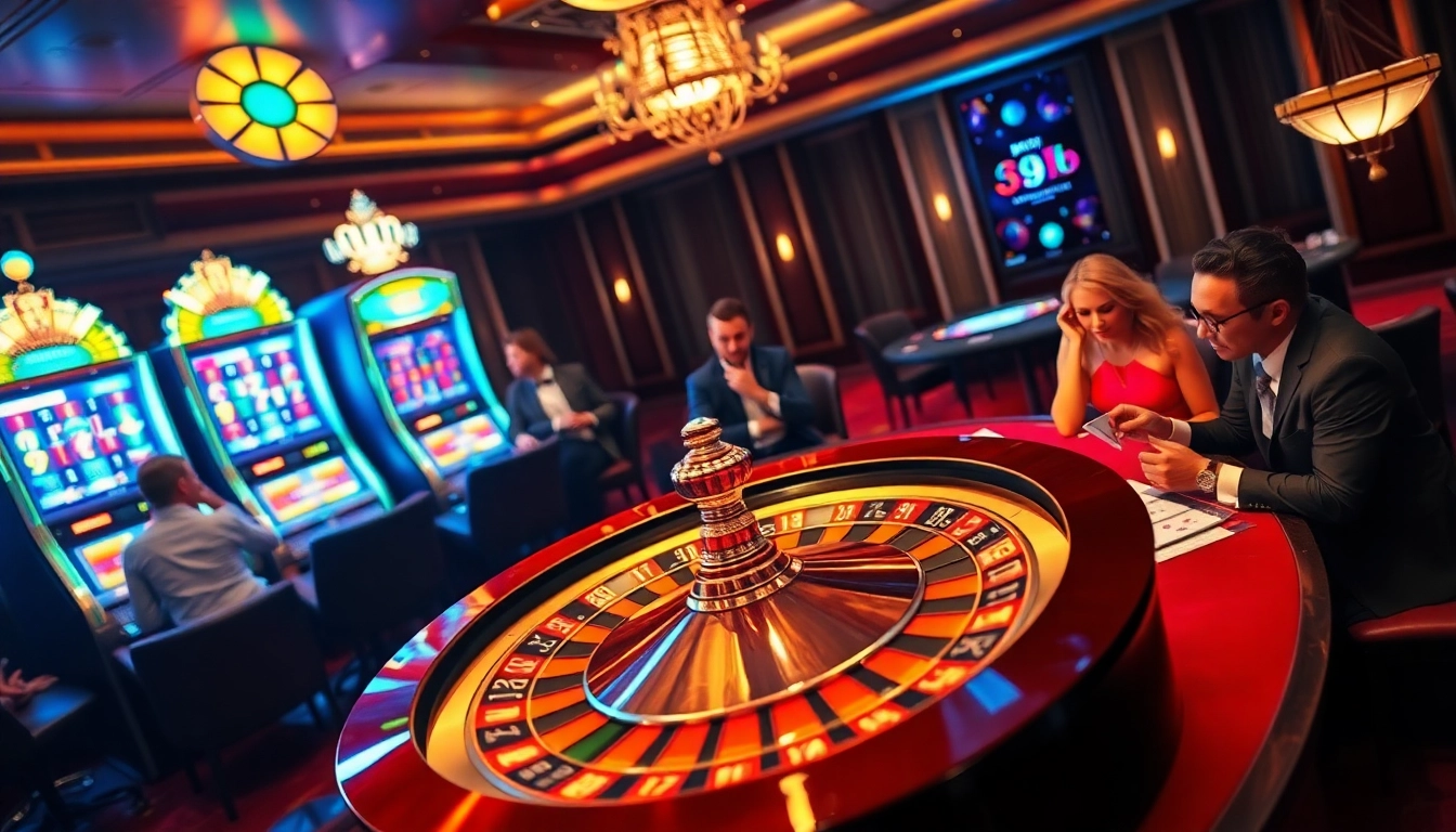 Intense poker action with players at 89bet casino table amid elegant decor.