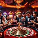 Exciting gameplay and vibrant atmosphere at UU88 Việt Nam roulette table with players and colorful slot machines.