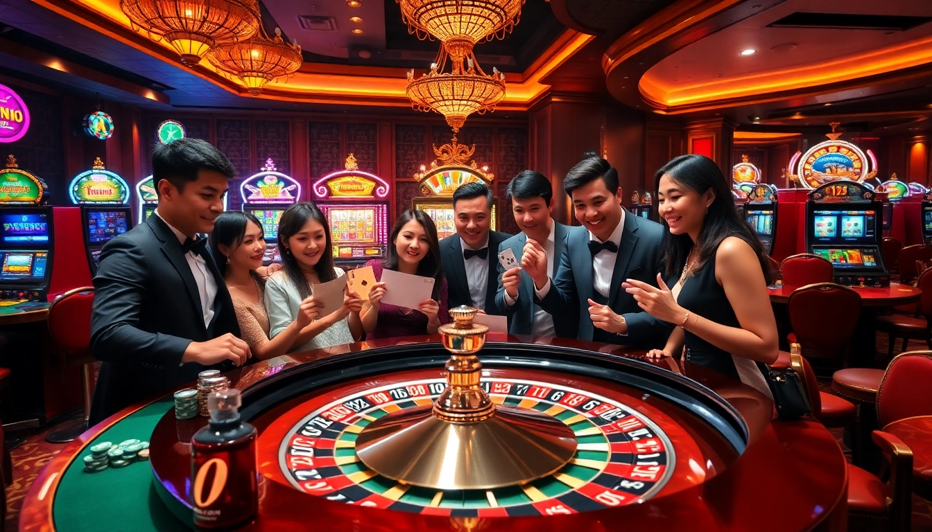 Exciting gameplay and vibrant atmosphere at UU88 Việt Nam roulette table with players and colorful slot machines.