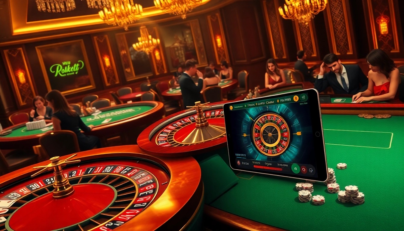 Engage in luxury gaming with RIKVIP at an elegant casino scene featuring tables and vibrant roulette.