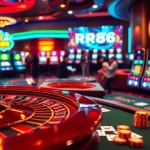 Engage in thrilling casino gaming at RR88 with vibrant roulette and poker tables.