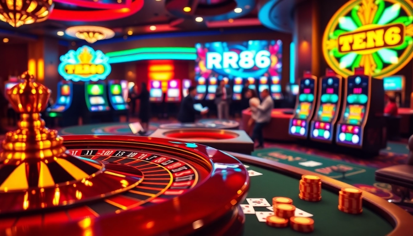 Engage in thrilling casino gaming at RR88 with vibrant roulette and poker tables.