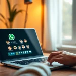 舒适的家庭办公室环境中，WhatsApp网页版界面与无缝沟通元素相互融合。