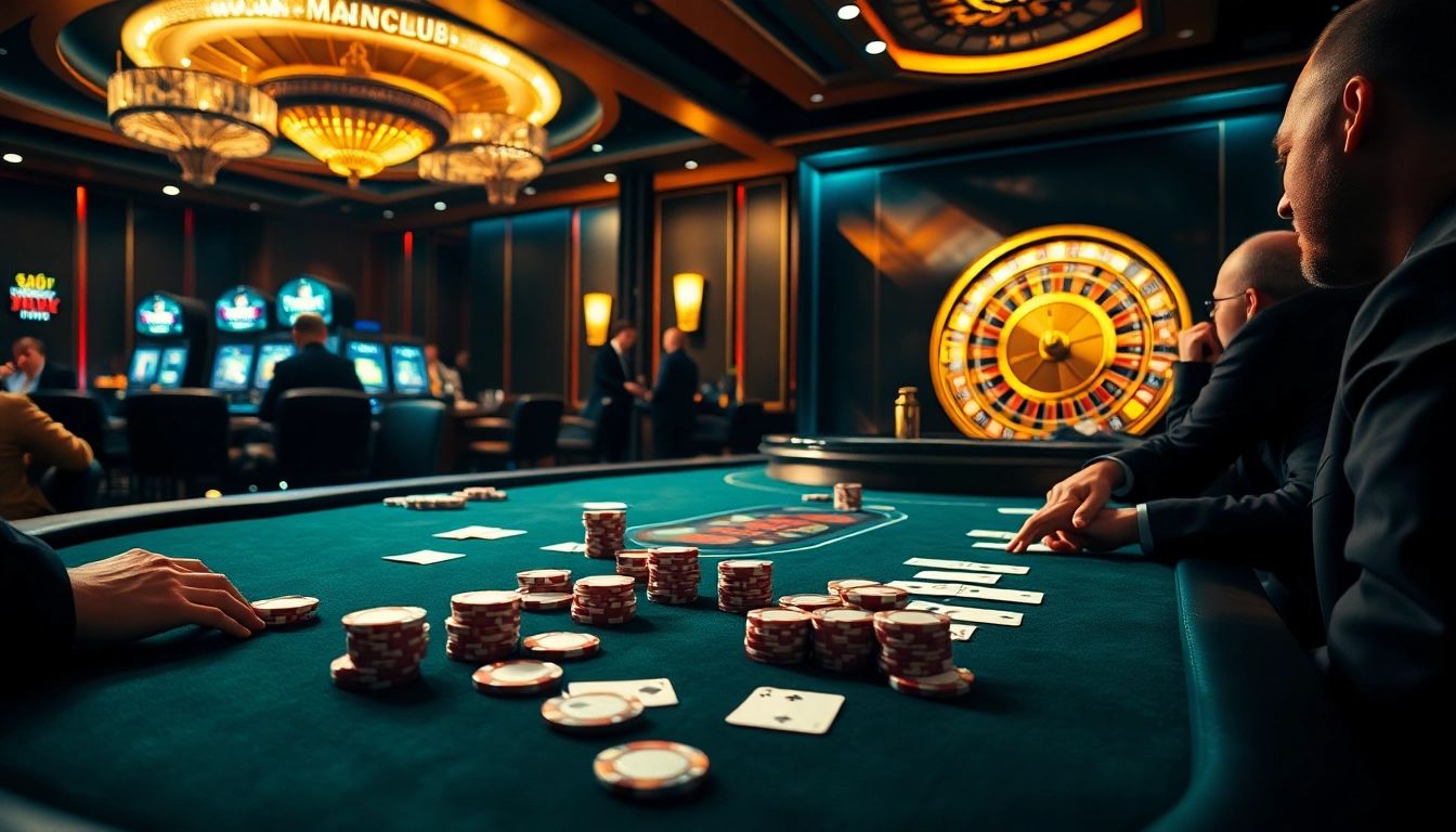 Engage in thrilling gameplay at MANCLUB's high-stakes poker table in a luxurious casino setting.