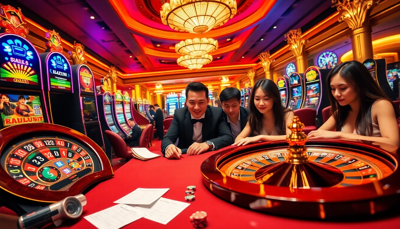 Lucky players enjoying a thrilling roulette session at a luxurious casino featuring luck88 gaming.