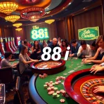 Gamblers engaging in high-stakes gameplay at a luxurious casino with 88i-themed decor.